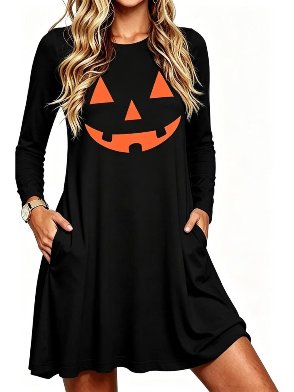 🆕Women's Halloween Pumpkin Jack-O-Lantern Long Sleeve Swing Dress Pockets